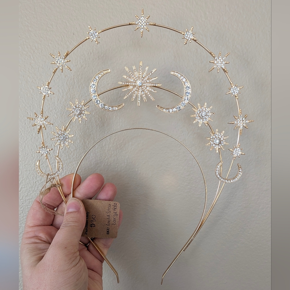 Gold Celestial Star & Moon Crystal Headband Set